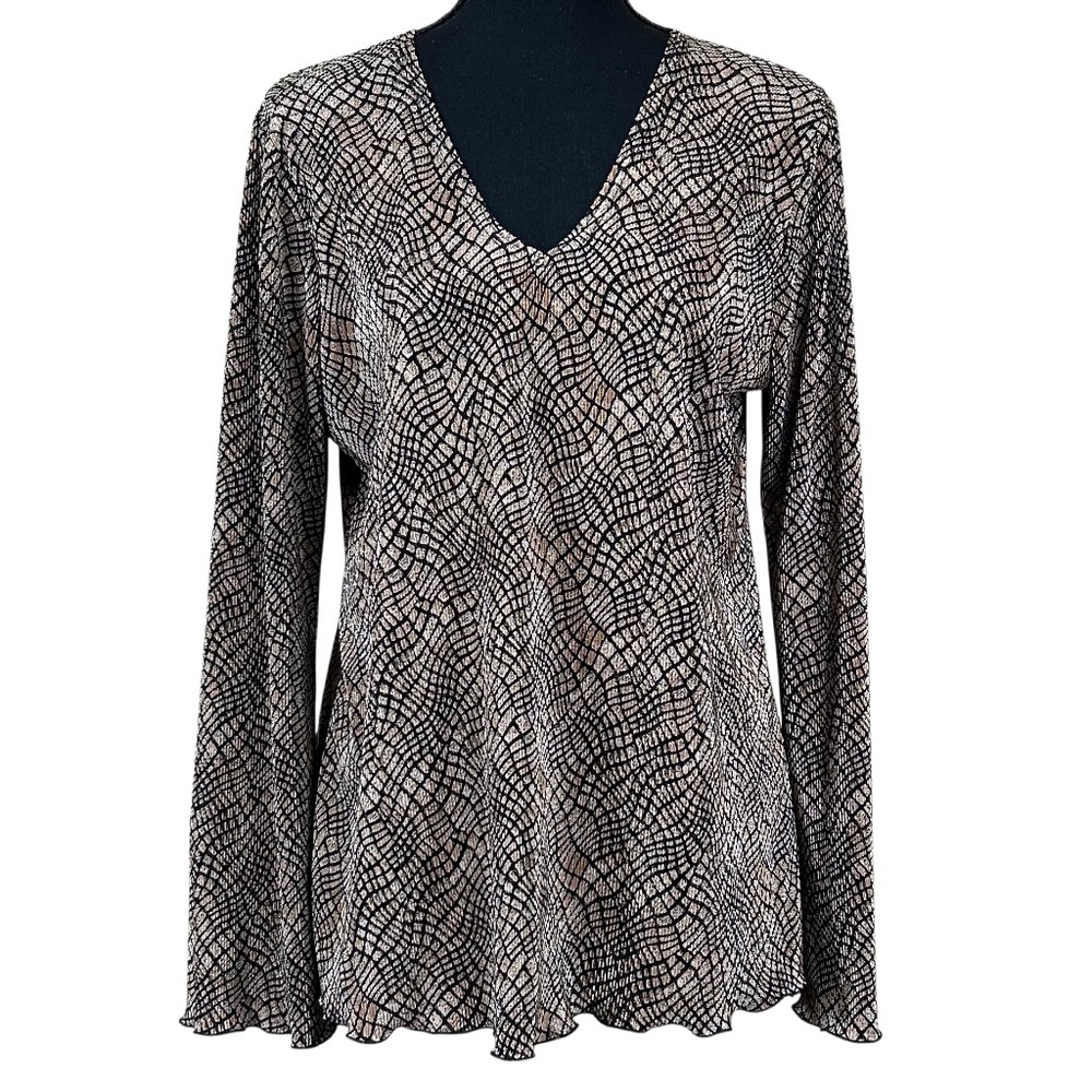 Plisse Brown Black White Puckered Crinkle Blouse Top Size L